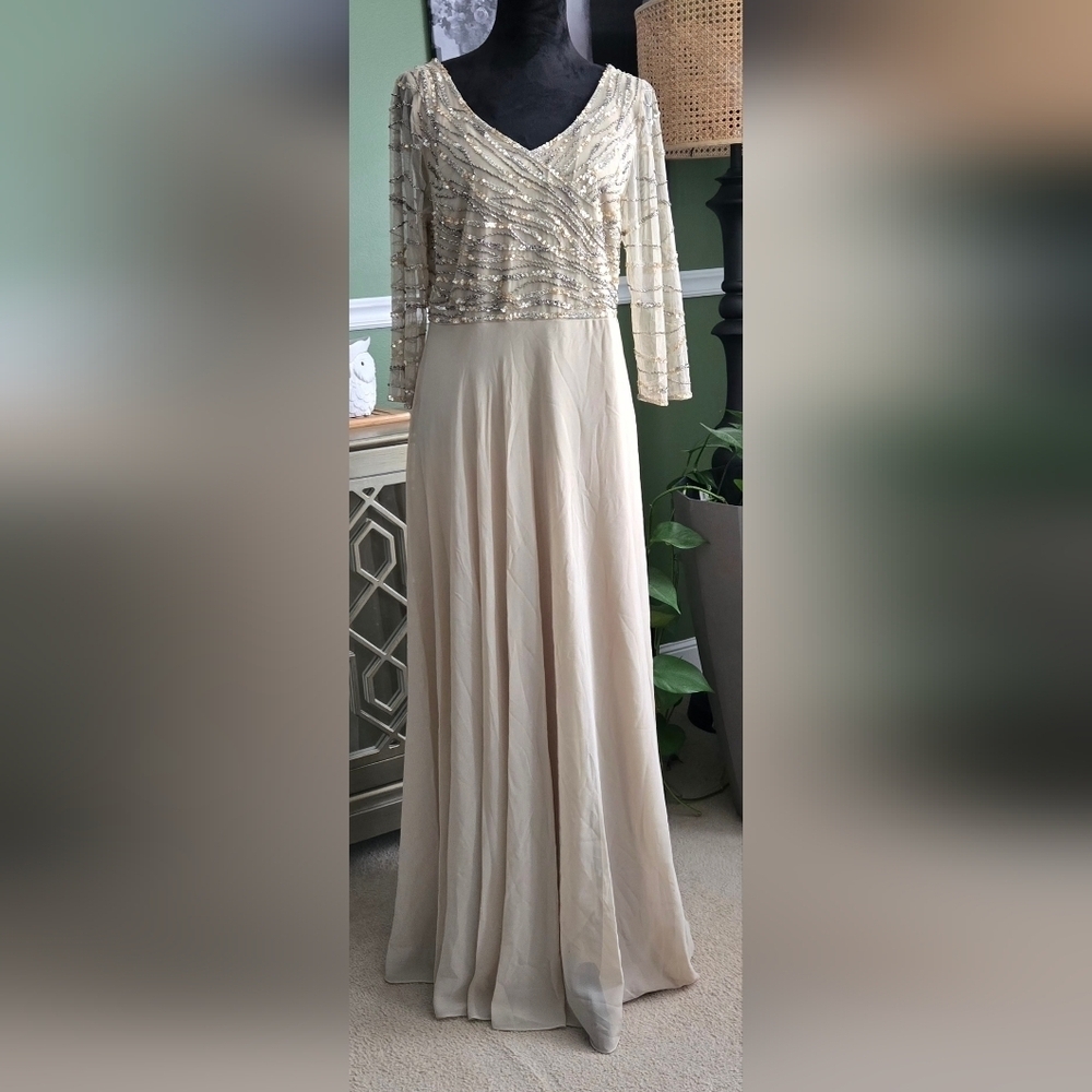 J Kara Women's 3/4 Sleeve Beaded Bodice Pop Over Long Dress #1045 - Picture 6 of 7